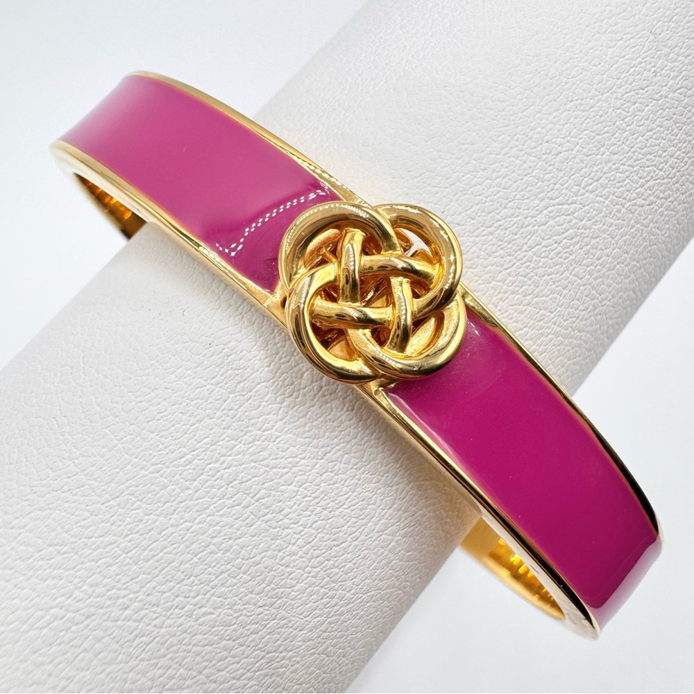 Stella & Dot Lindsay Pink Enamel Bangle Bracelet Knot Accent Gold Tone Preppy